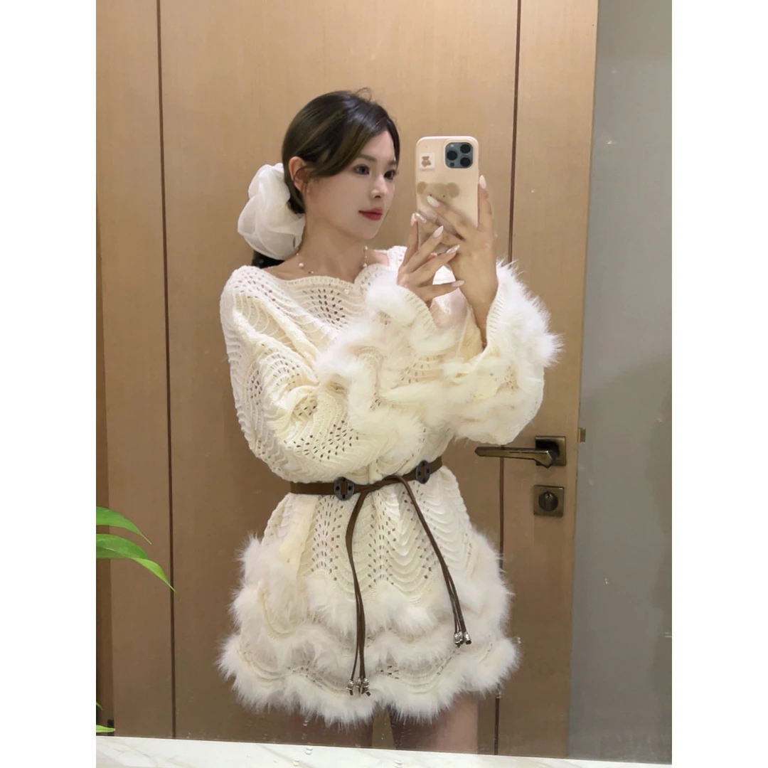 高级感25秋冬新一字肩镂空针织毛衣女名媛风拼接毛边宽松收腰上衣