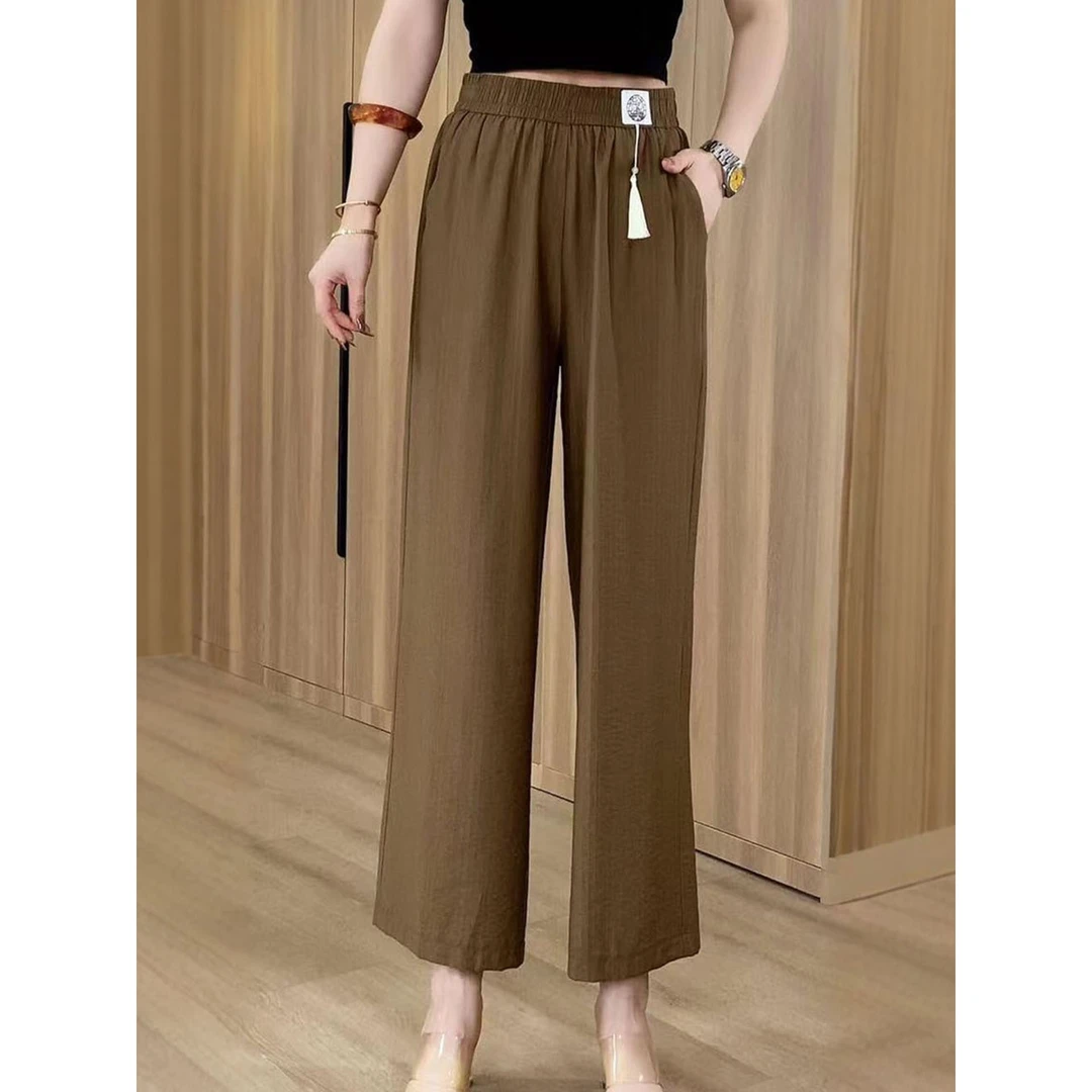 夏款新中式纯色松紧腰直筒九分裤中年女装薄款显瘦高腰休闲裤子女