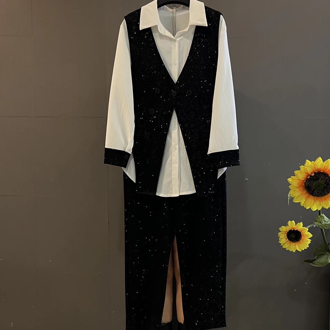 新款加大码遮肉显瘦气质马甲衬衫裤子亮闪三件套套装