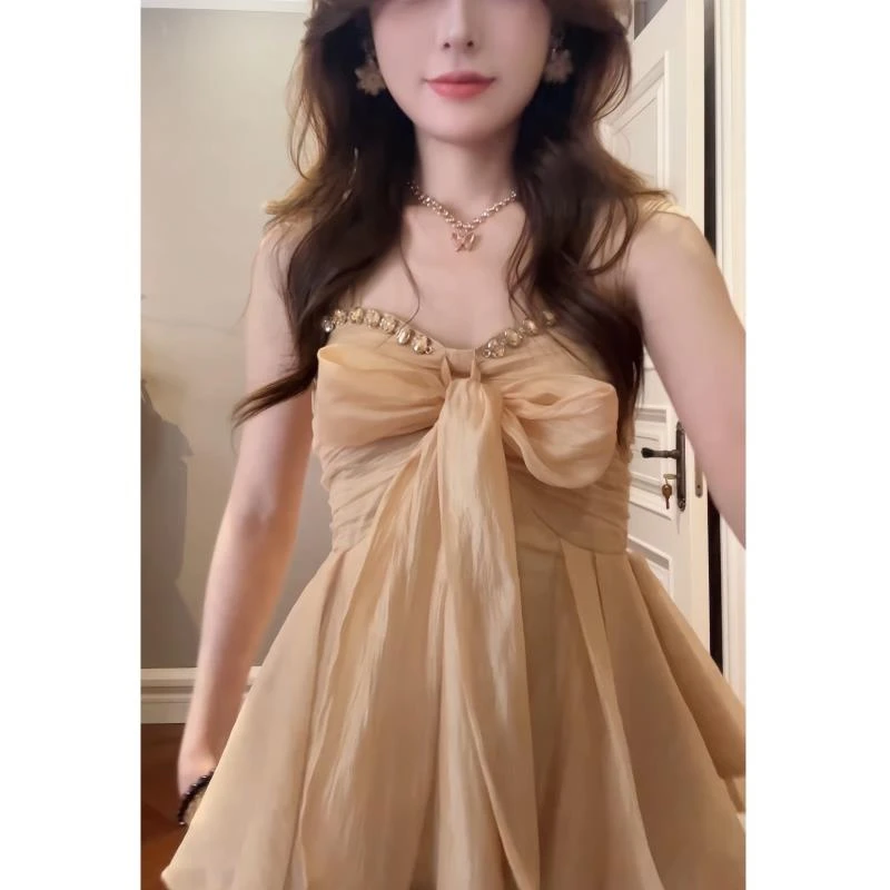 「流光蝶衣」纯欲水钻吊带法式蝴蝶结水钻收腰独特绝美上衣套装辣妹