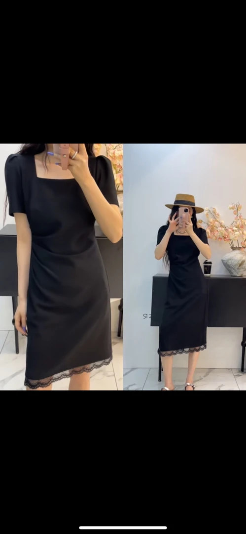 法式蕾丝拼接方领中长款连衣裙女2025夏季新款收腰显瘦a字小黑裙
