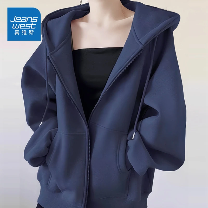 真维斯藏青色外套女春秋季2025新款chic早秋韩系连帽小个子开衫
