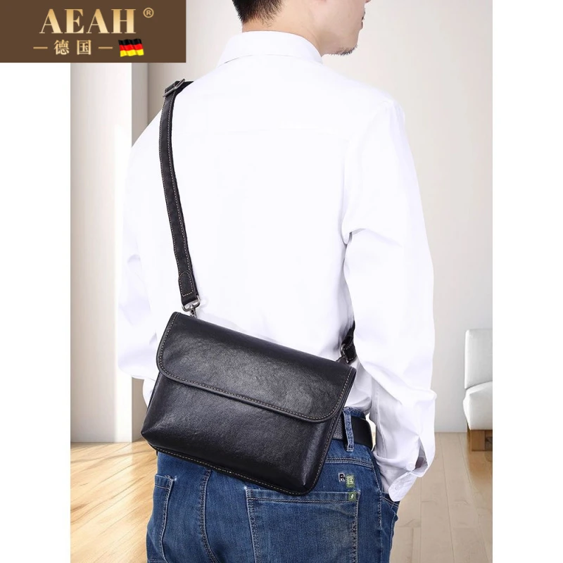 AEAH新款男士真皮小背包头层牛皮单肩斜跨包多功能商务大手包夹包