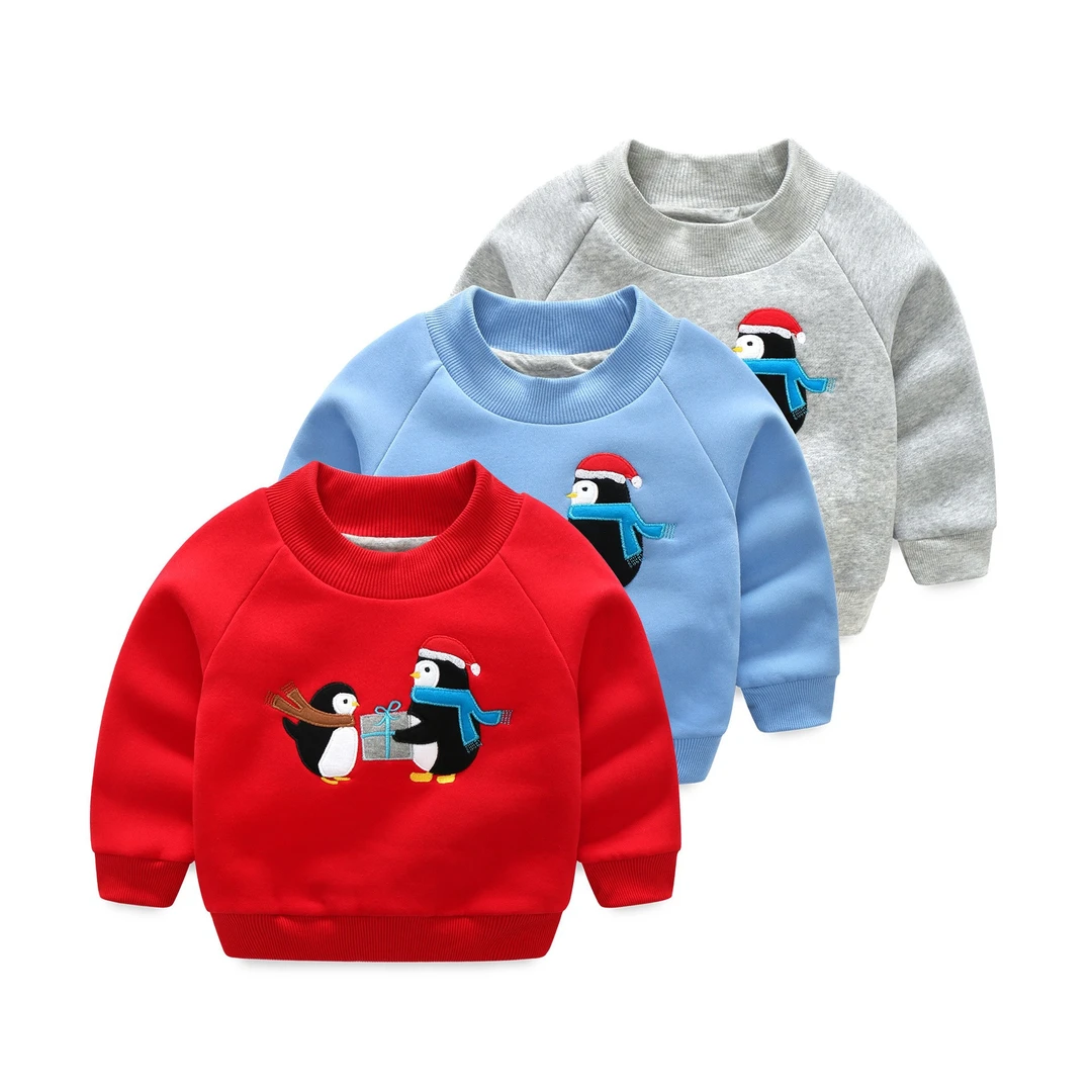 圣诞儿童秋冬新款童装卫衣刺绣小企鹅中小童柔软亲肤舒适双层上衣