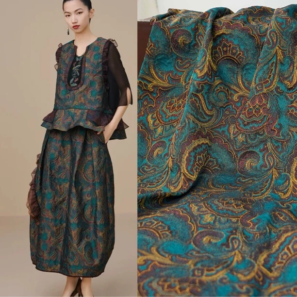 复古湖敦煌葵花纹样金丝提花布国风立体浮雕旗袍汉服装设计师面料