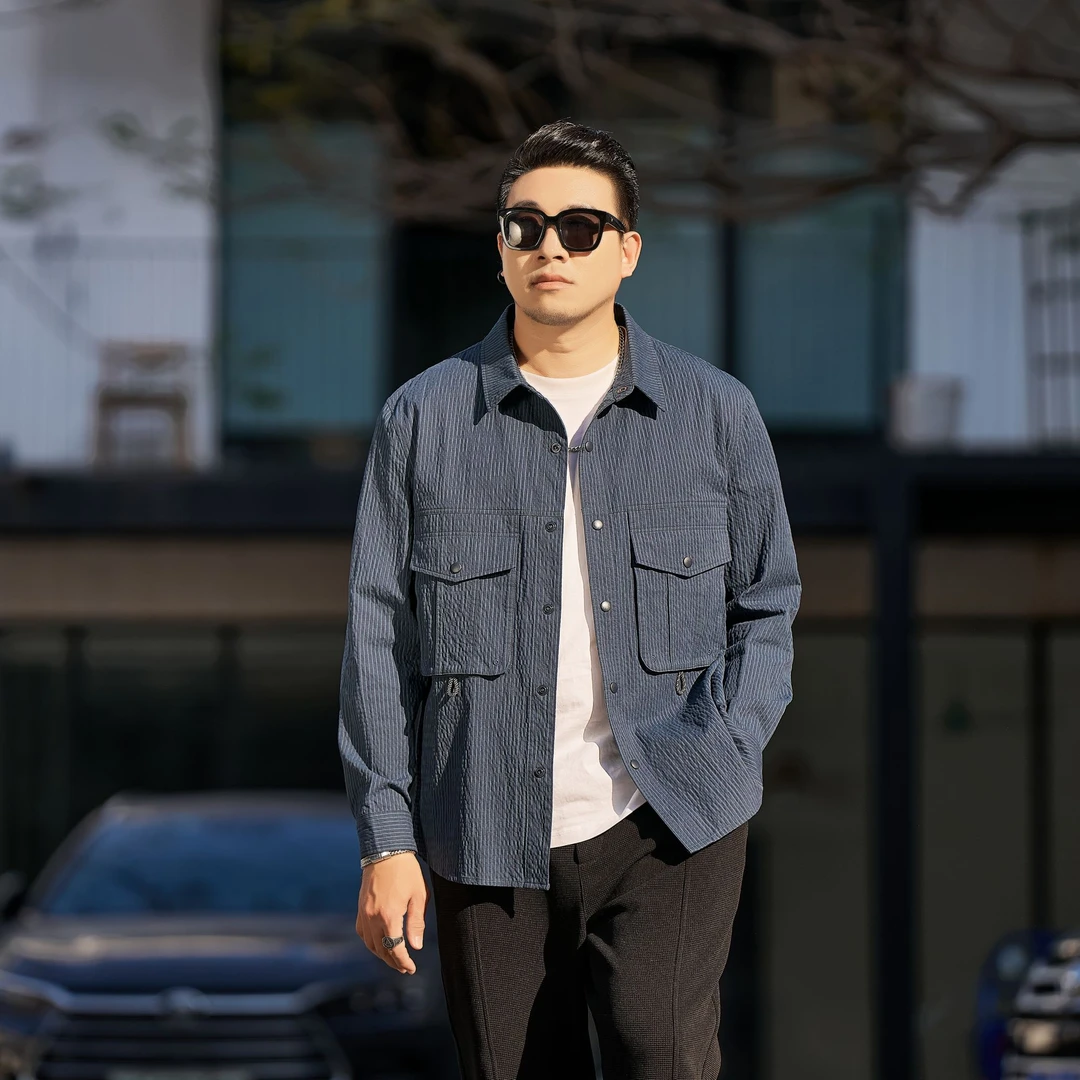 春秋时尚翻领衬衫宽松休闲高级风百搭衬衣加大加肥开衫夹克