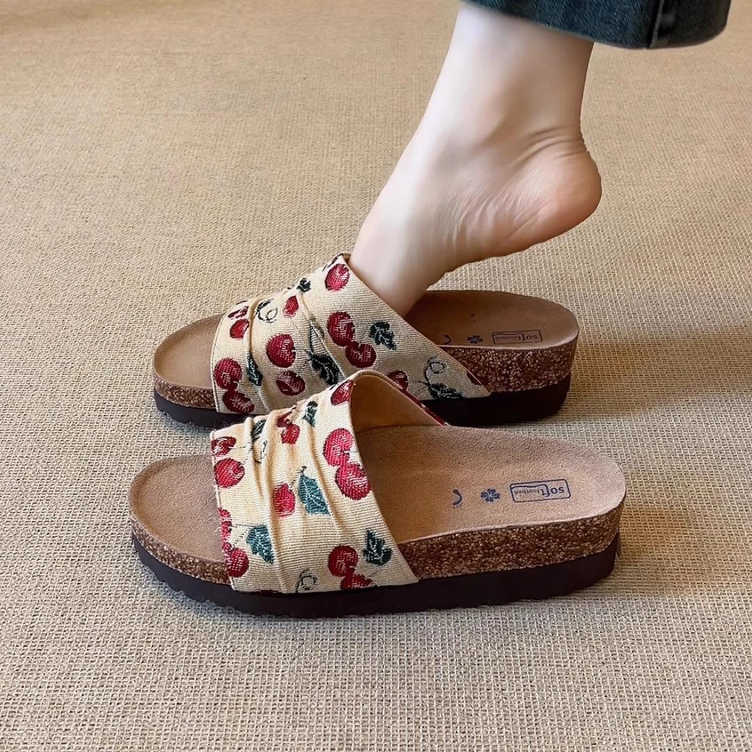 nnmiss/4.5cm复古风牛仔布圆头樱桃拼色懒人厚底勃肯一字凉拖鞋