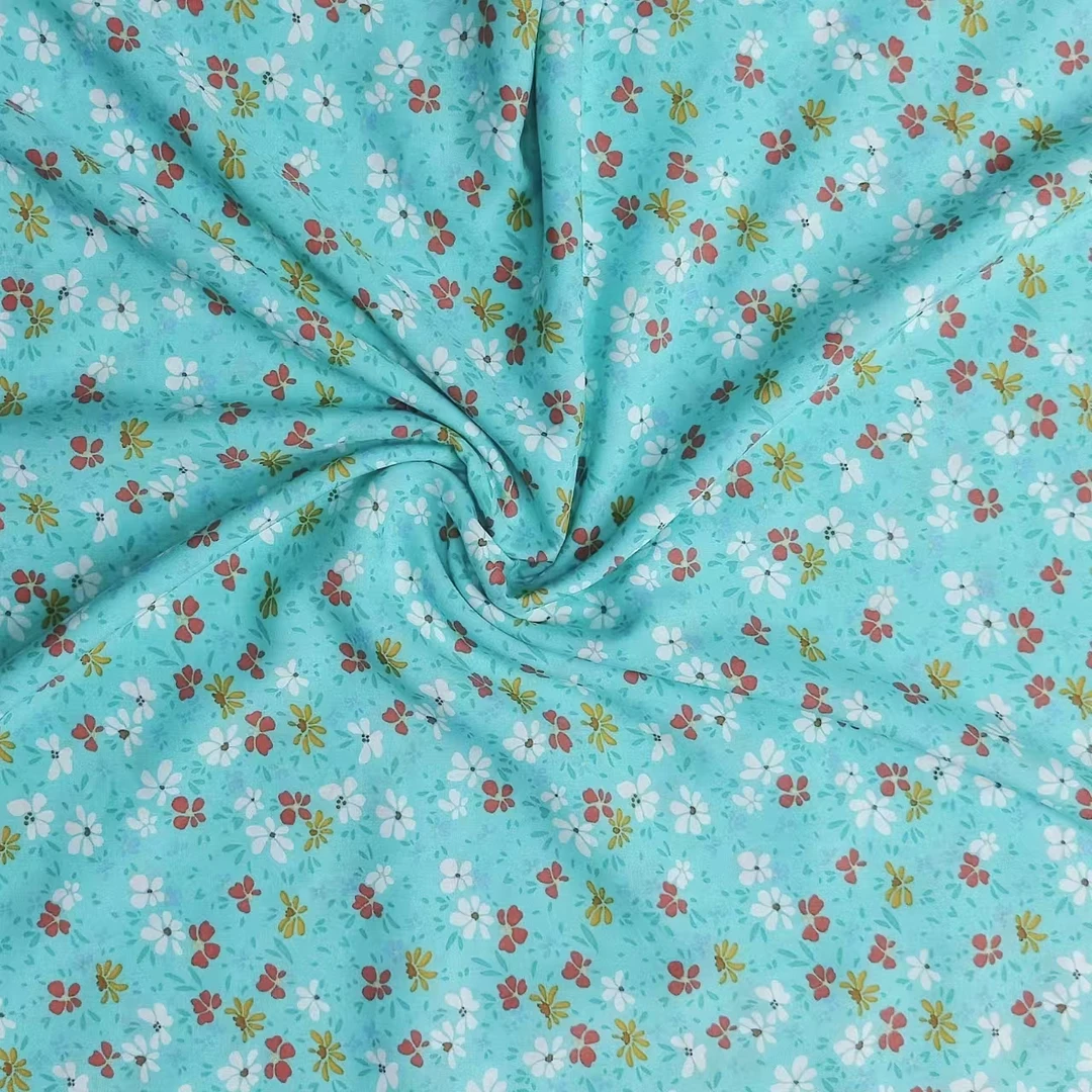 【云锦1店】25426-2号 湖蓝底黄白红五瓣花 棉绸服装布料面料