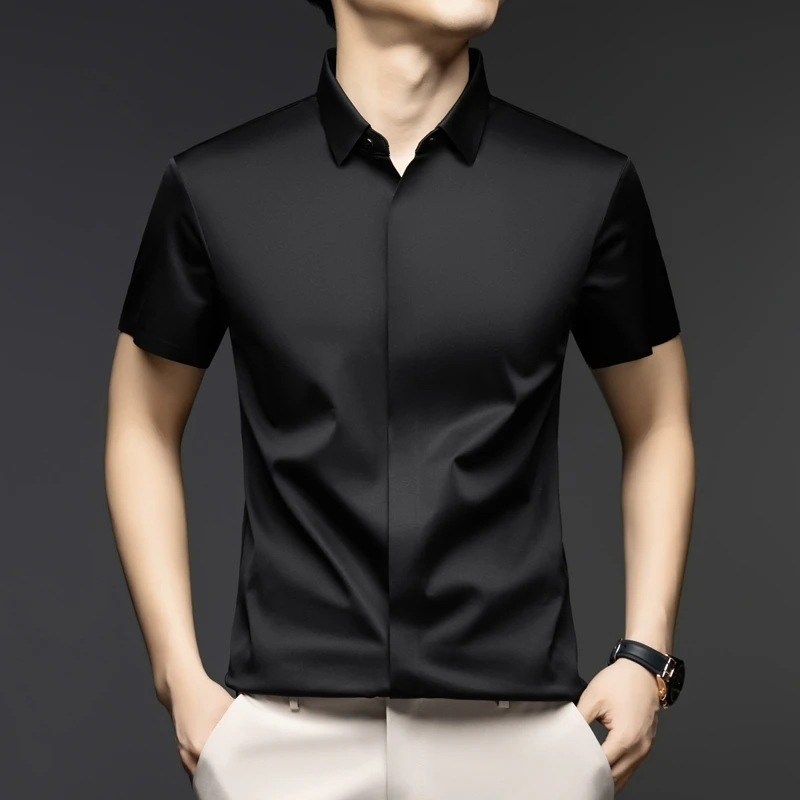 设计师男装高级感夏季商务休闲无痕暗门襟桑蚕丝上班商务短袖衬衫