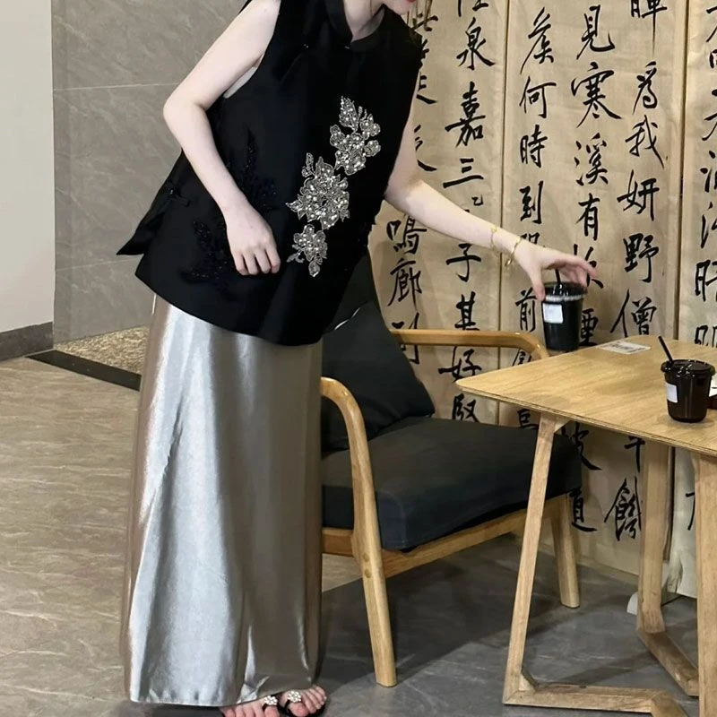 新中式气质文艺中国风改良版国潮无袖盘扣黑色马甲半身裙夏季新款