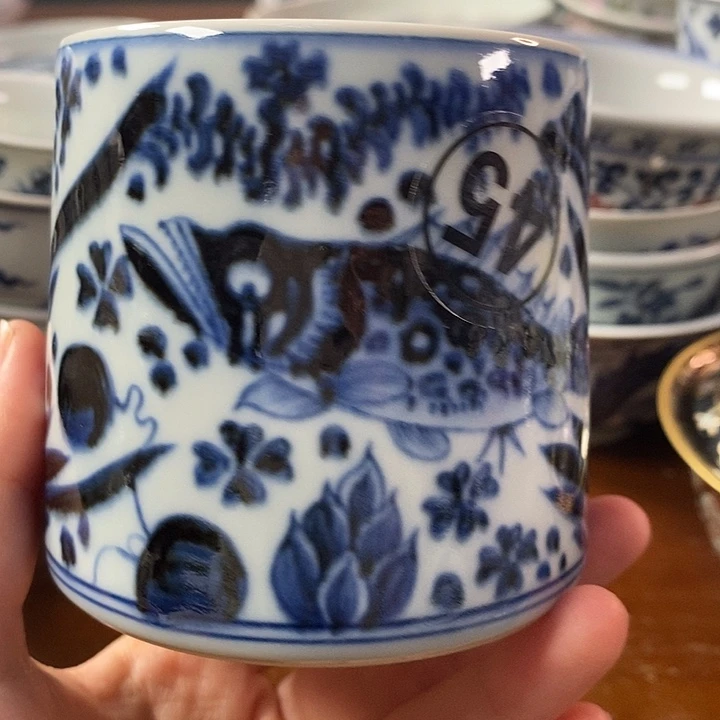 旁***白手工手绘青花单杯