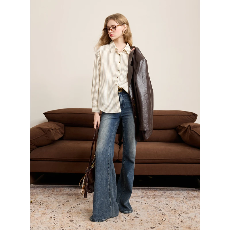 三彩2025夏季新款条纹衬衫刺绣淡人宽松衬衣开衫休闲叠穿女M0696