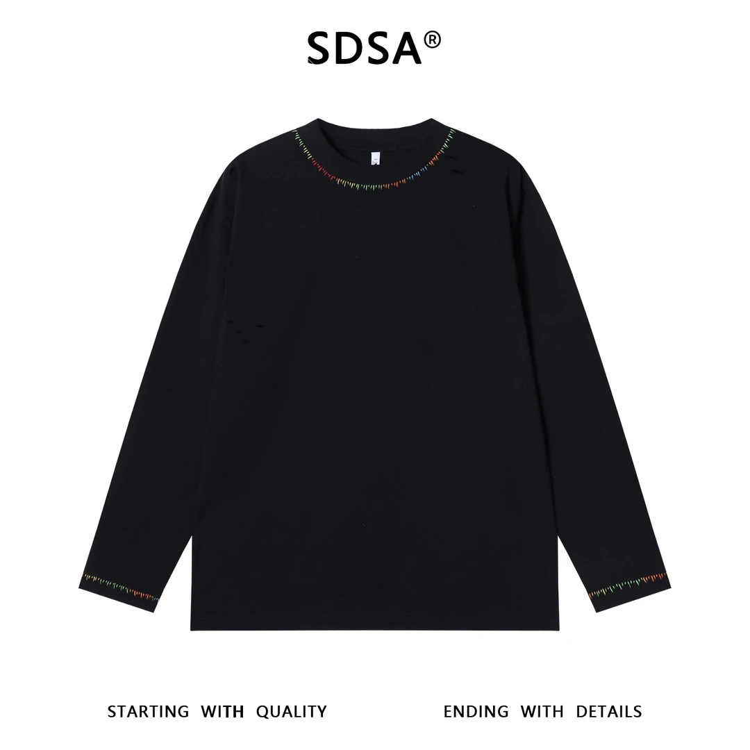 SDSA男士秋冬新款痞帅男装百搭彩色缝线圆领长袖T恤百搭时尚上衣