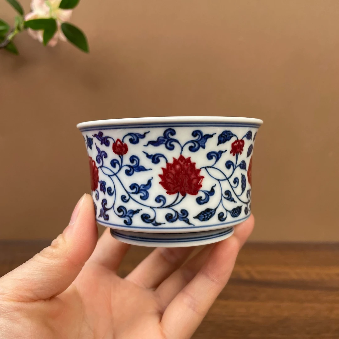 【望月御品】釉里红缠枝莲马蹄杯手工手绘景德镇茶具容量110毫升