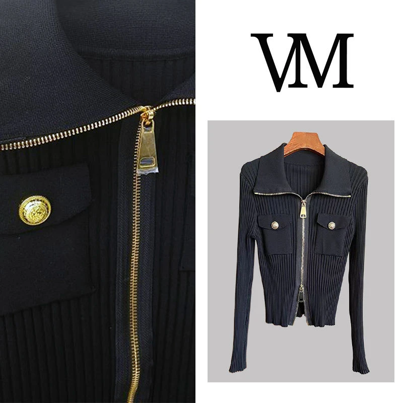 法式长袖针织开衫拉链毛衣外套女春秋新款修身黑色翻领上衣cx7793