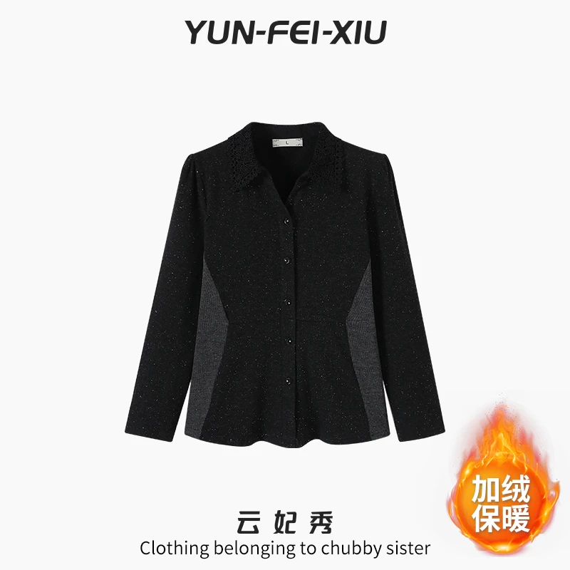 云妃秀大码女装针织衫加绒时尚休闲胖妹妹宽松显瘦翻领上衣冬7292