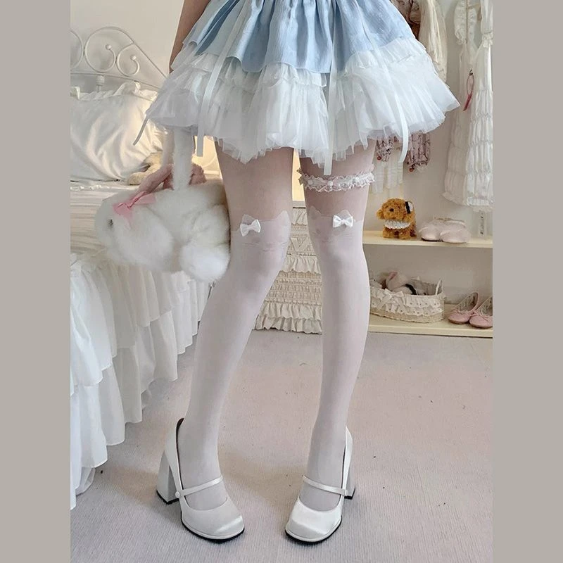 lolita猫咪拼接白色丝袜女甜美可爱蝴蝶结jk袜子纯欲风百搭连裤袜