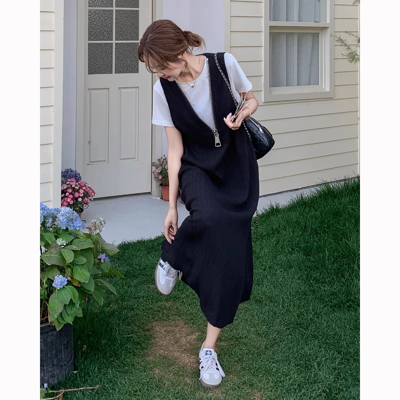 黑色休闲时尚背心裙套装女夏季2025新款显瘦百搭T恤连衣裙两件套