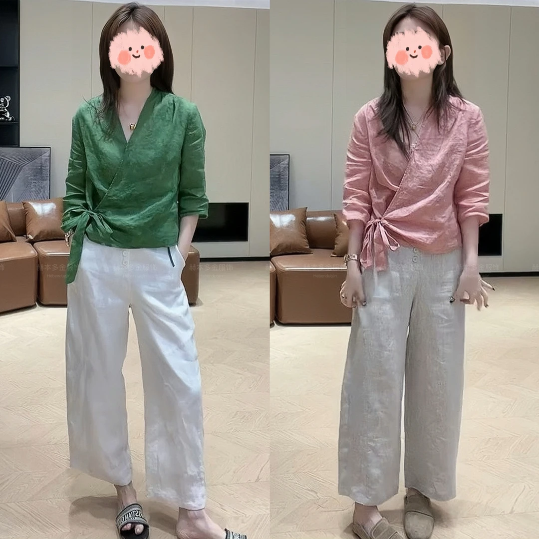 2025早秋新款韩系提花显瘦V领洋气小衫上衣百搭设计感阔腿裤套装