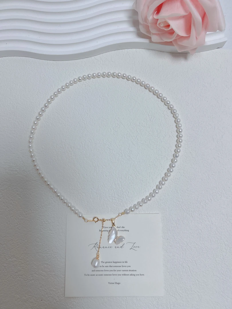 天然淡水珍珠A39#4-5M蝴蝶设计款S925珍珠项链100%天然珍珠项链