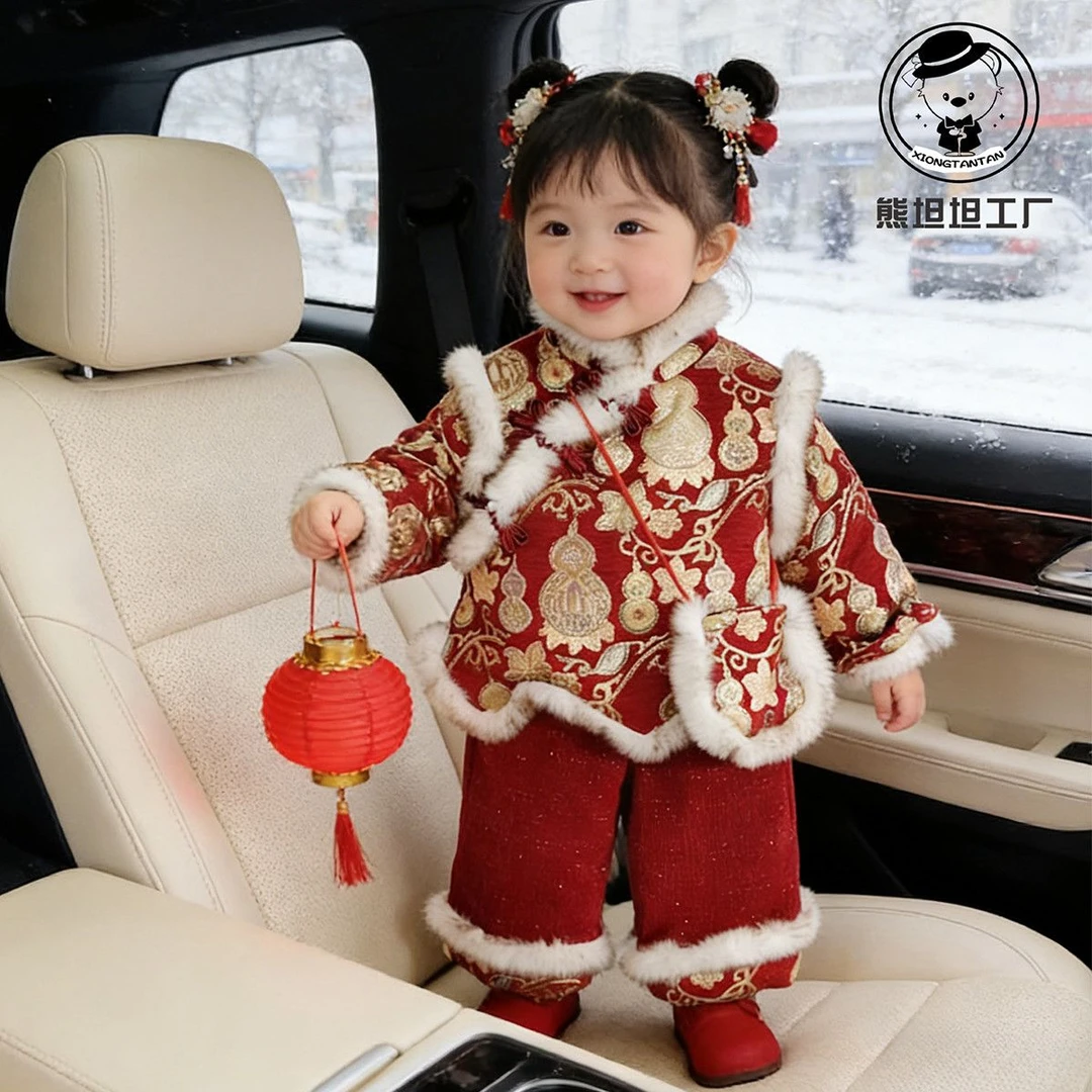 女童加厚拜年服套装冬季2025新款儿童夹棉保暖棉衣女孩唐装过年服