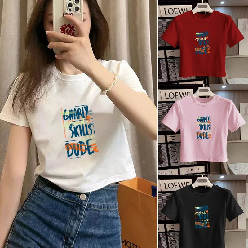 2025正肩短款棉T恤女夏季短袖宽松上衣高腰百搭显瘦体t恤ins小众