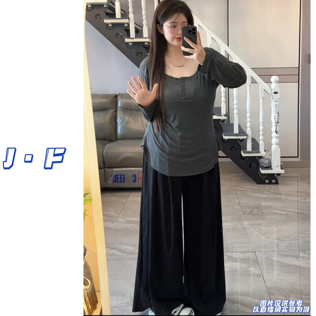 JF定制大码8052纯欲ins风薄款微透纯色V领修身中长款弹力打底衫