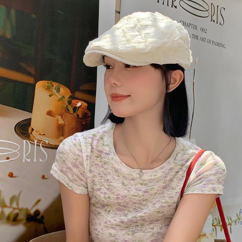【运补6-8米】日系蕾丝花朵白色前进帽女春夏季小众设计鸭舌帽子大