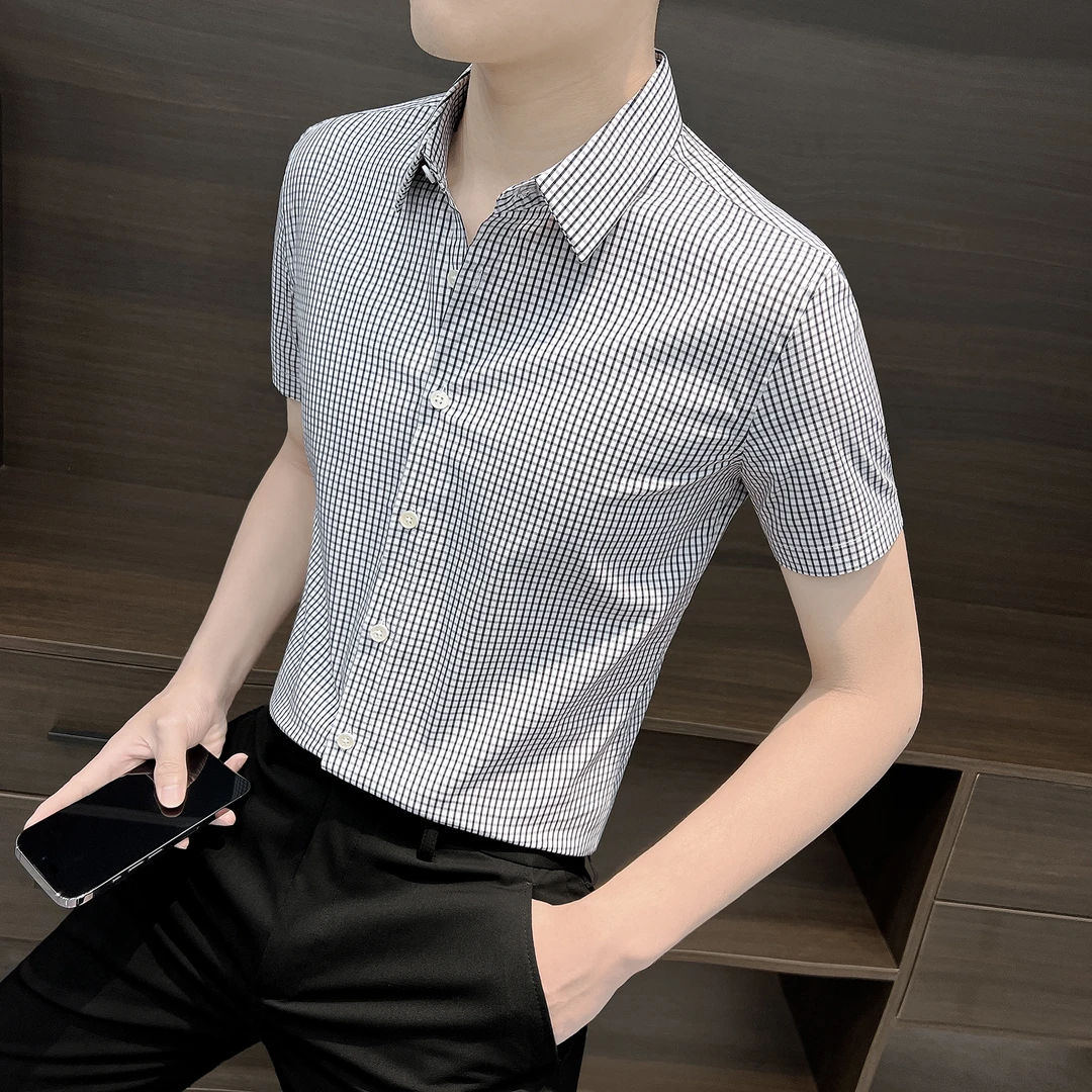 条纹衬衫男士秋季轻奢高级感商务休闲男装痞帅小格子男款短袖衬衣