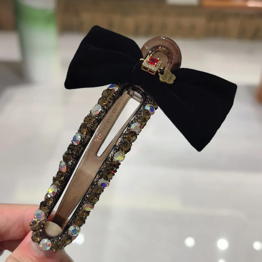 精品水晶黑色丝绒蝴蝶结时尚懒人夹4932