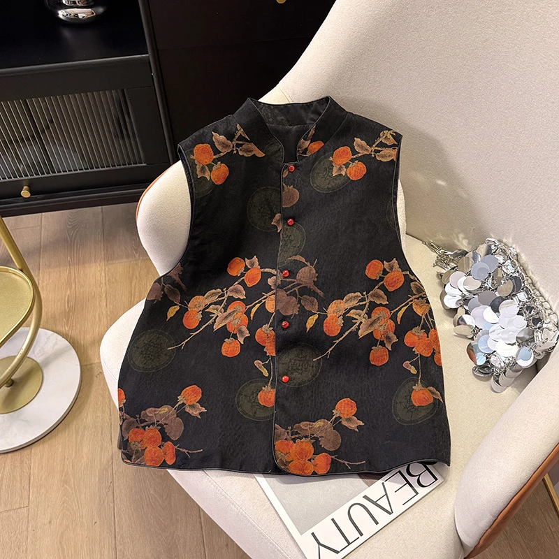 妈妈穿柿柿如意国风仿桑蚕丝缎面马甲夹驼绒春夏秋中式新款马夹