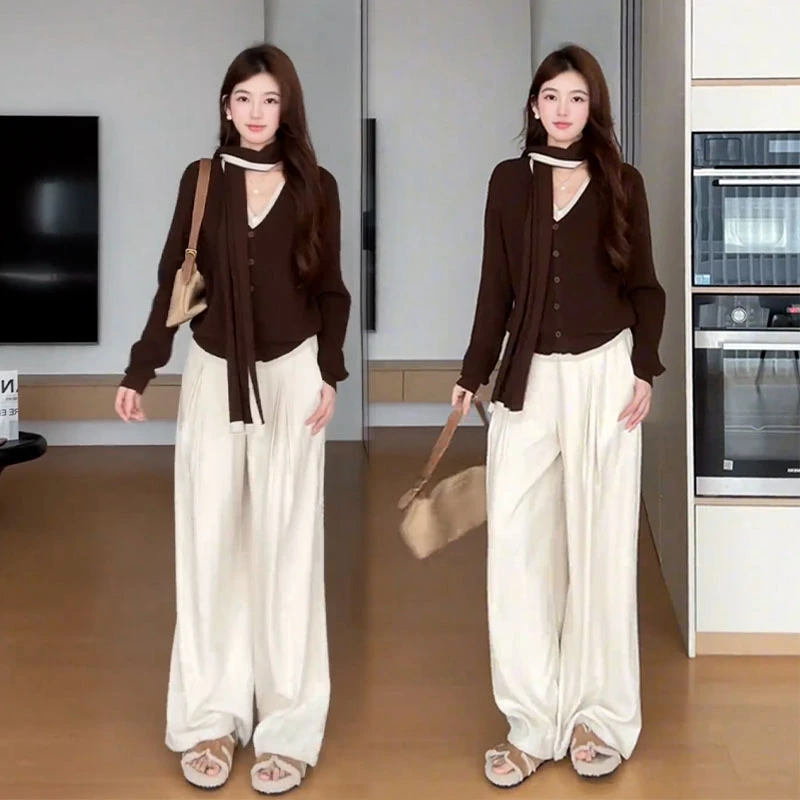2025秋季新款设计感纯欲风假两件撞色针织开衫女休闲阔腿裤两件套