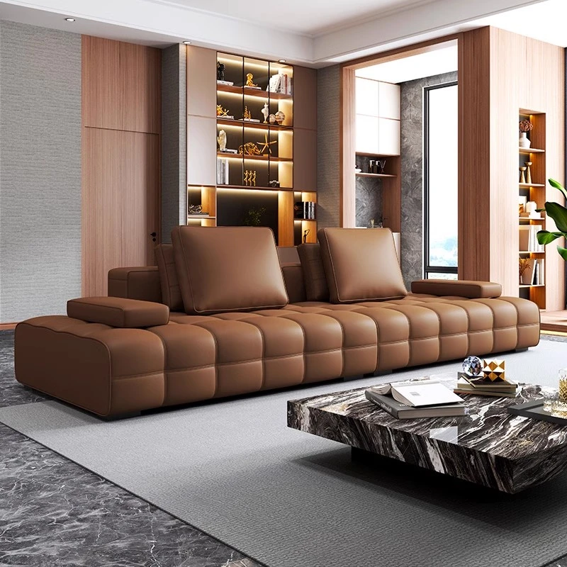 劳伦斯客厅家用沙发意式极简直排黑色沙发真皮