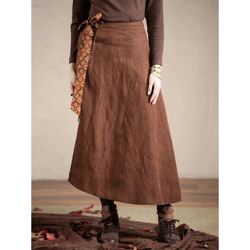 蘭襟【盛大的四季】真丝亚麻香云纱盘扣系腰带加衬半身裙长裙文艺