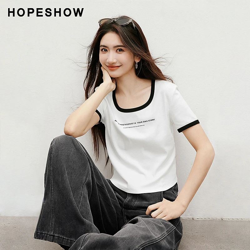 红袖2025春季新款女装 美式字母印花撞色边大圆领T恤90225090202