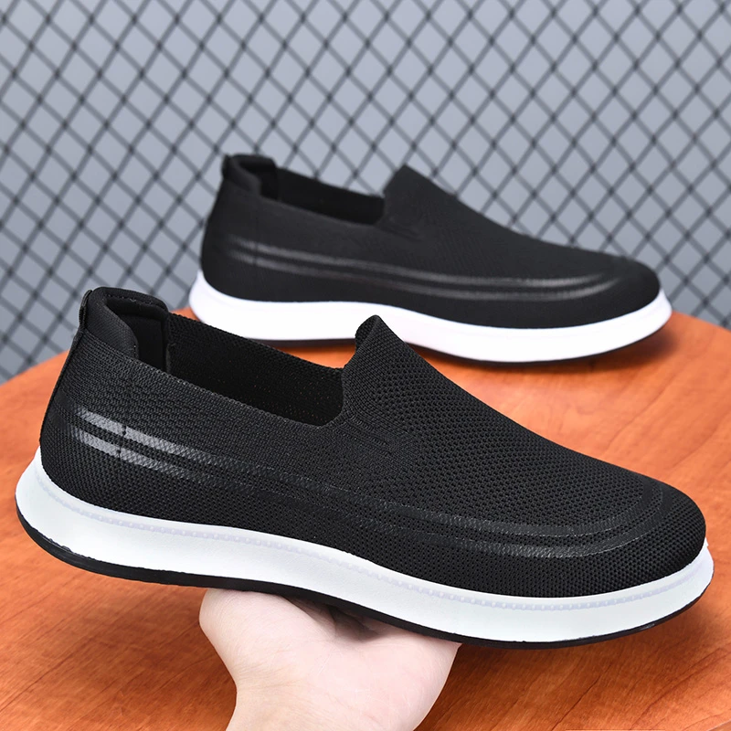 春季新款飞织男鞋一脚蹬休闲透气布鞋百搭软底防滑中老年爸爸鞋子
