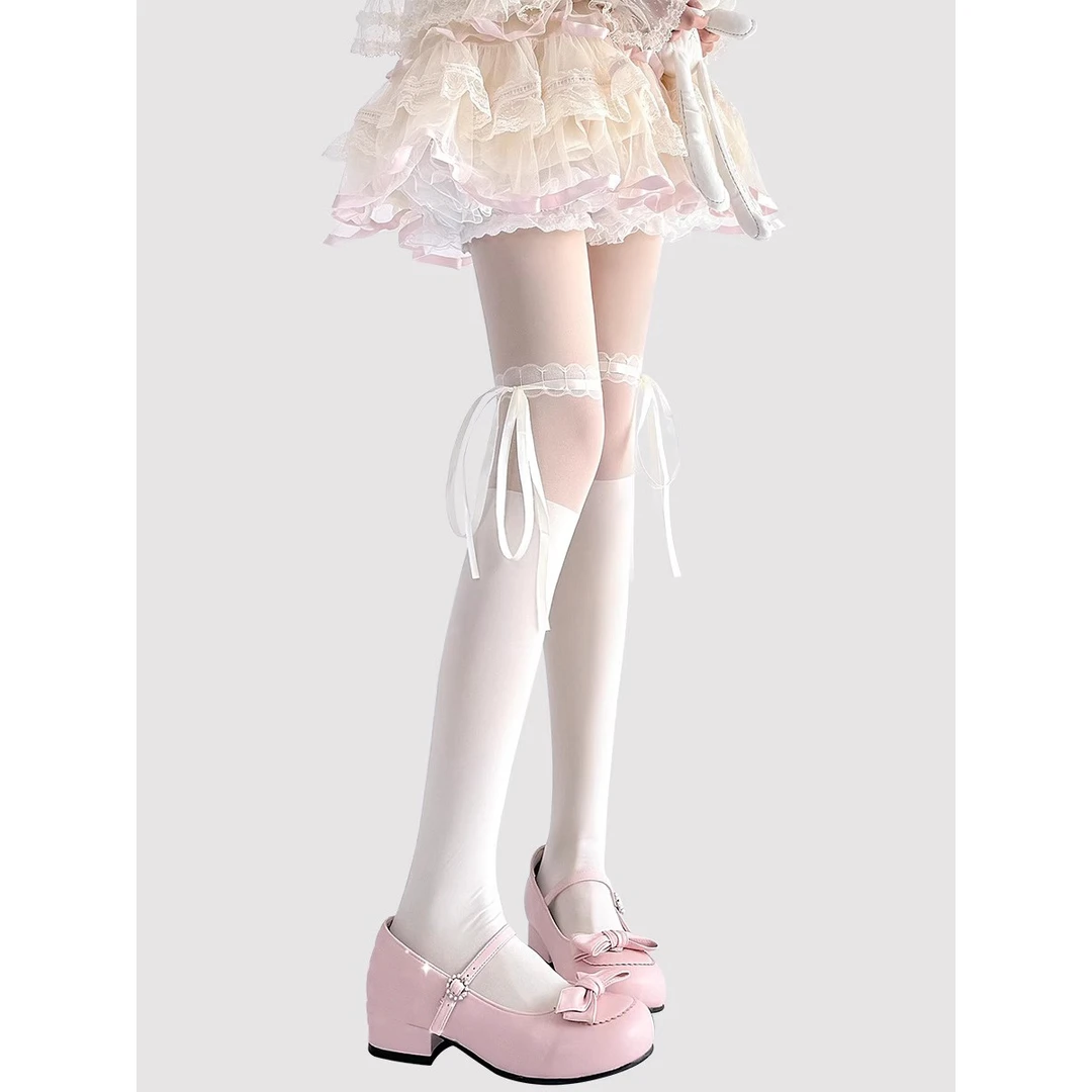 Lolita绑带连裤袜女薄款可爱芭蕾风蝴蝶结蕾丝白色拼接裤袜