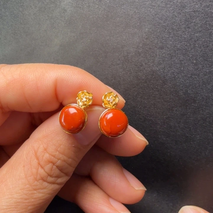 南红玛瑙银S925镀金镶嵌耳饰