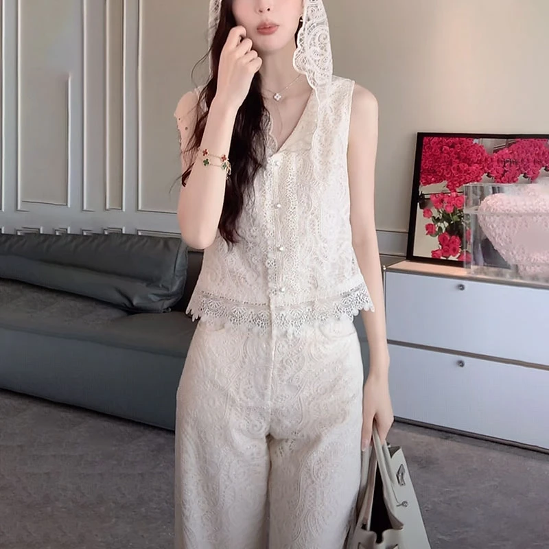 时尚套装女士2025夏季时尚减龄洋气蕾丝马甲休闲阔腿长裤俩件套