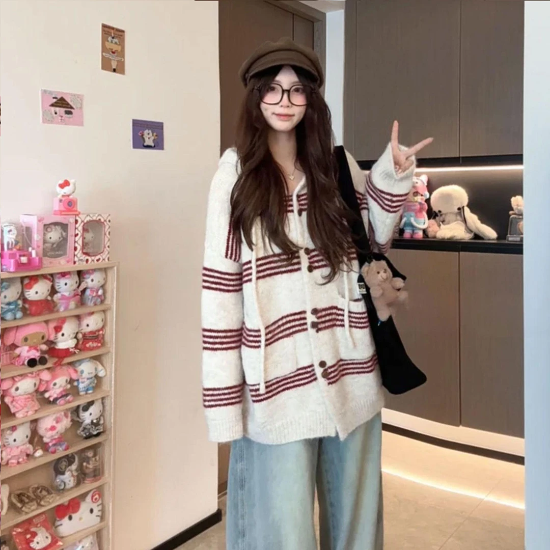 韩系撞色条纹连帽毛衣外套女秋冬季慵懒高级感软糯中长款针织开衫