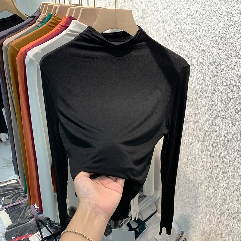 欧货半高领打底衫女春秋长袖内搭秋冬西装新款修身上衣莫代尔t恤