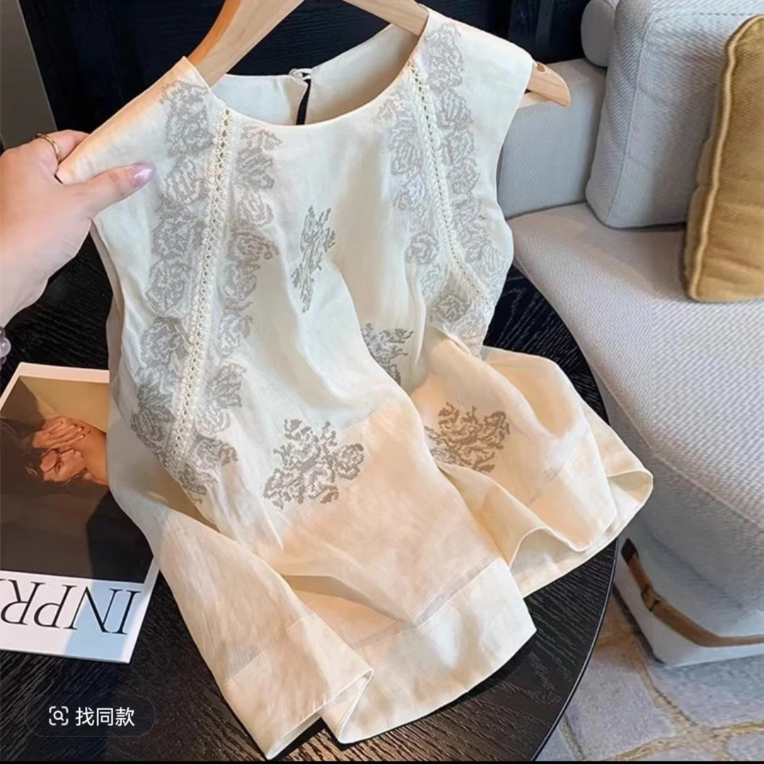复古森系吊带宽松型御姐风薄款花朵刺绣苎麻背心法式