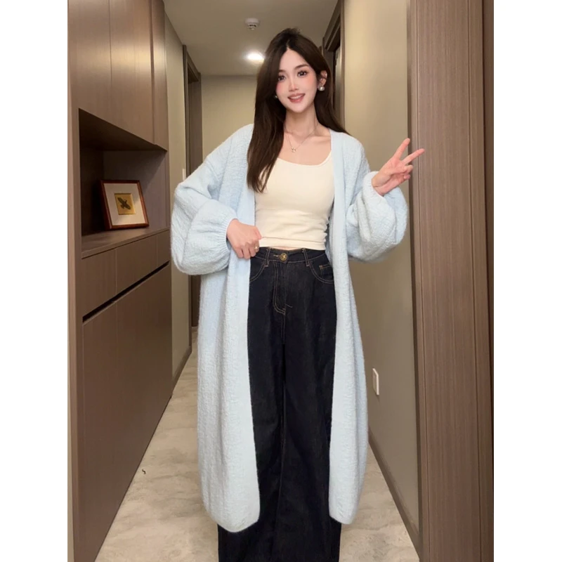 【2025年新款树皮纹工艺】泡泡袖长款针织外套开衫女慵懒风宽松韩版