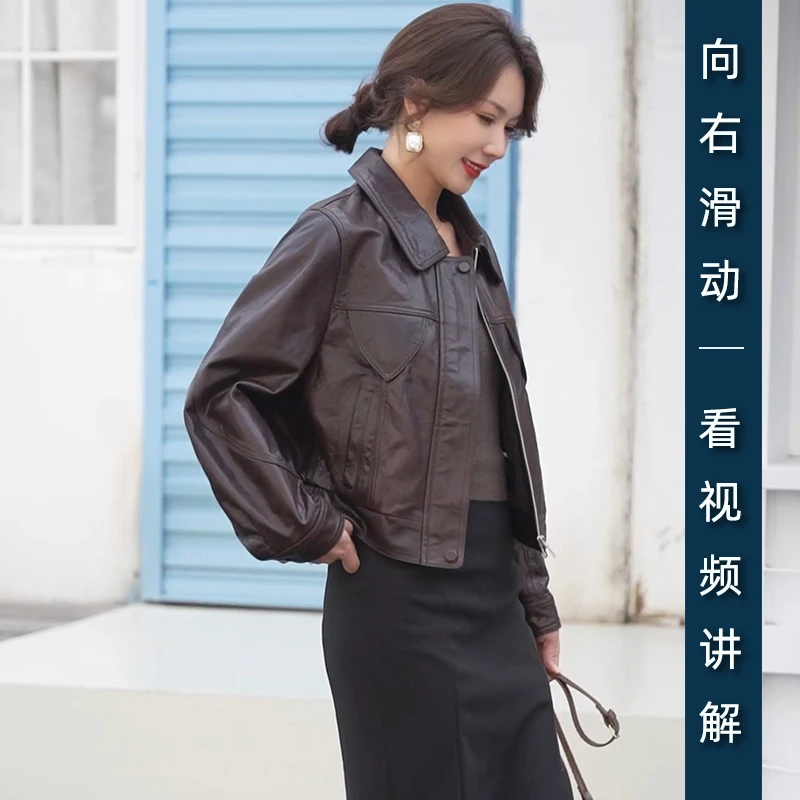 2025春季新款休闲小个子时尚皮夹克洋气短款油蜡皮真皮皮衣外套潮
