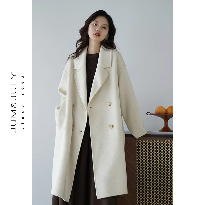 【怦然心动】10%骆驼绒10%桑蚕丝秋冬新款双面羊毛大衣女宽松D956