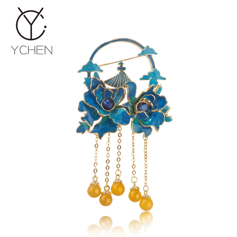 铜合金胸针 景泰蓝祥云流苏胸针女开中国风汉服古风