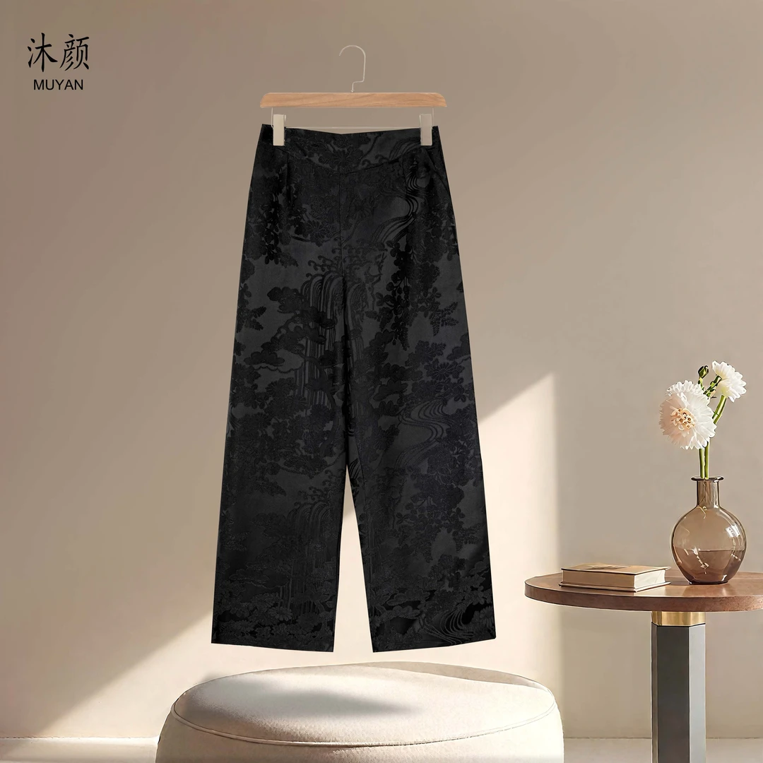 【高山流水】黑色直筒高级感阔腿裤秋季提花时尚新中式女裤259-8