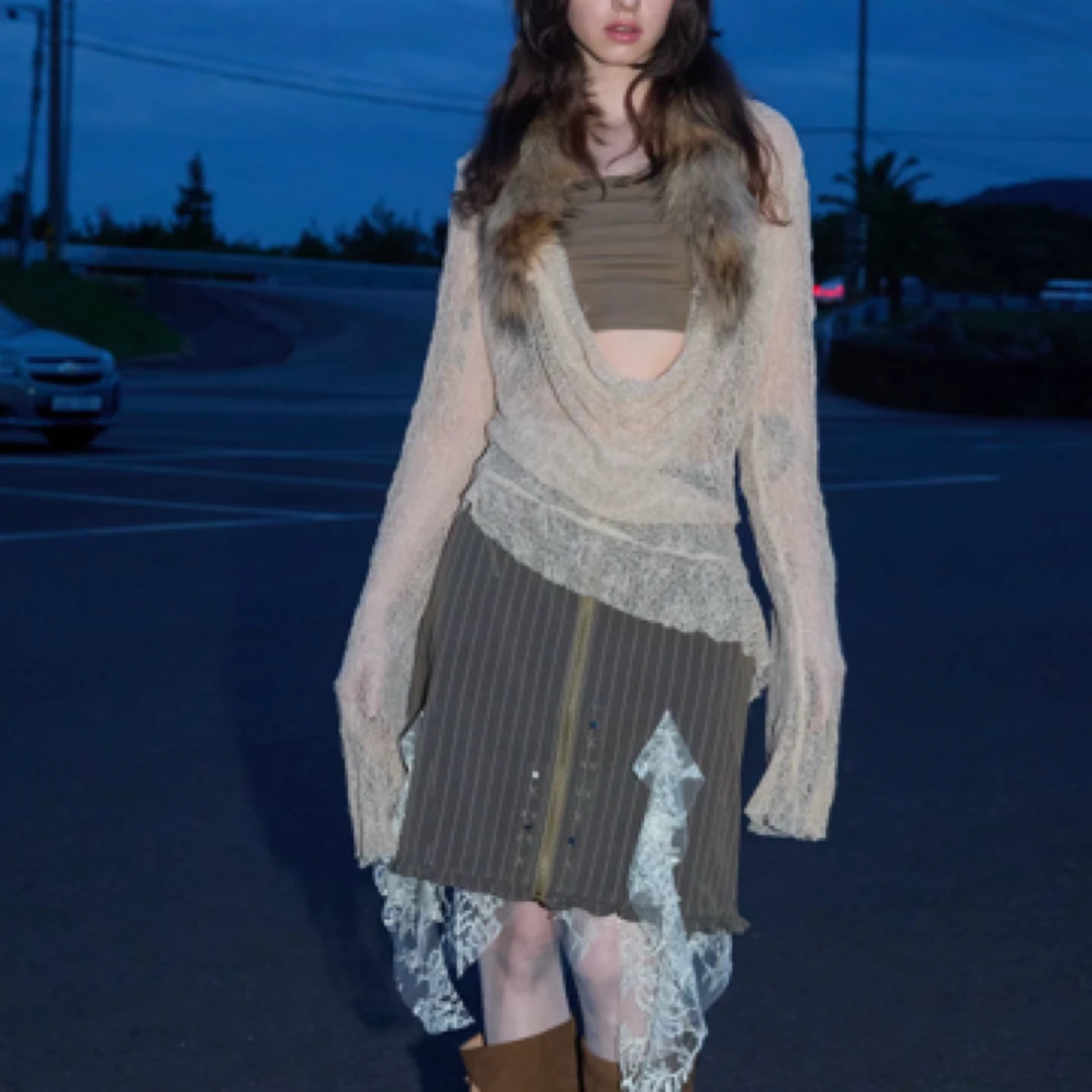 【SMD】 破碎感蕾丝荡领设计感小众可拆卸真毛毛领上衣9026