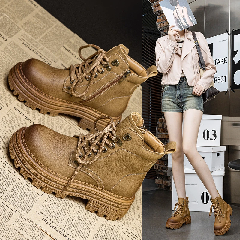 马丁靴女秋冬季复古小个子厚底内增高短筒女靴加绒加厚户圆头短靴