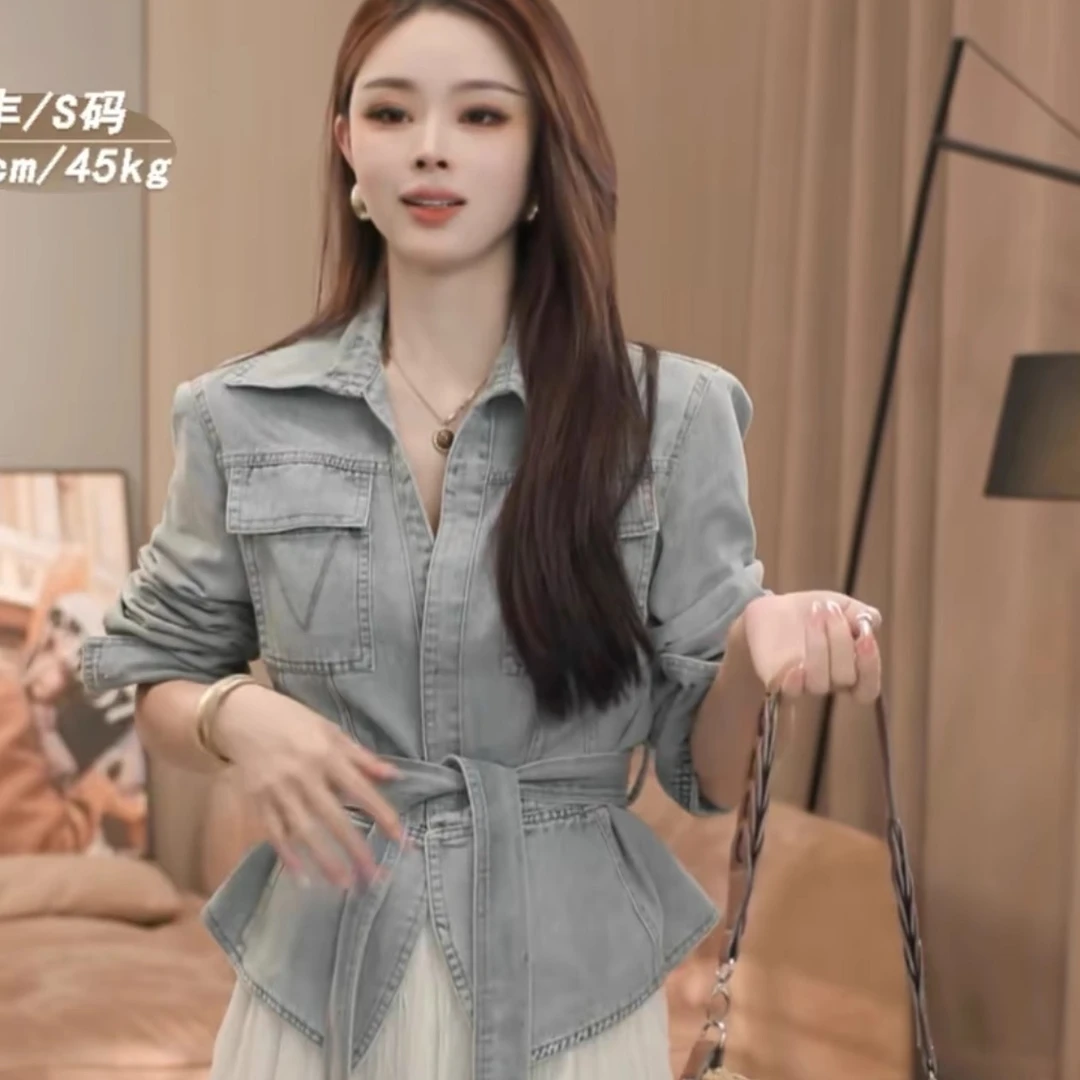 今年爆款腰带水洗牛仔外套女2025春季新款时尚百搭收腰短款上衣潮